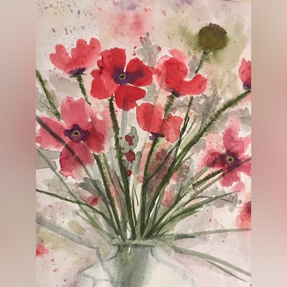 Original watercolor of poppies in a bottle. - Picture 3 of 6